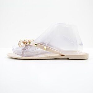 Steven New York Deena Beige Plastic Gold Studded Flat Thong Sandals - 7